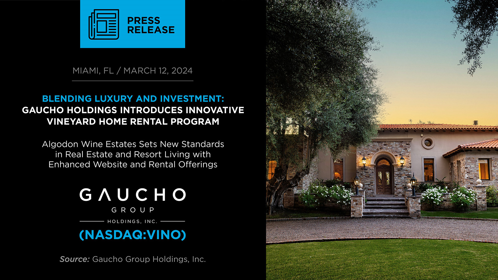 BLENDING LUXURY AND INVESTMENT: GAUCHO HOLDINGS INTRODUCES INNOVATIVE VINEYARD HOME RENTAL PROGRAM